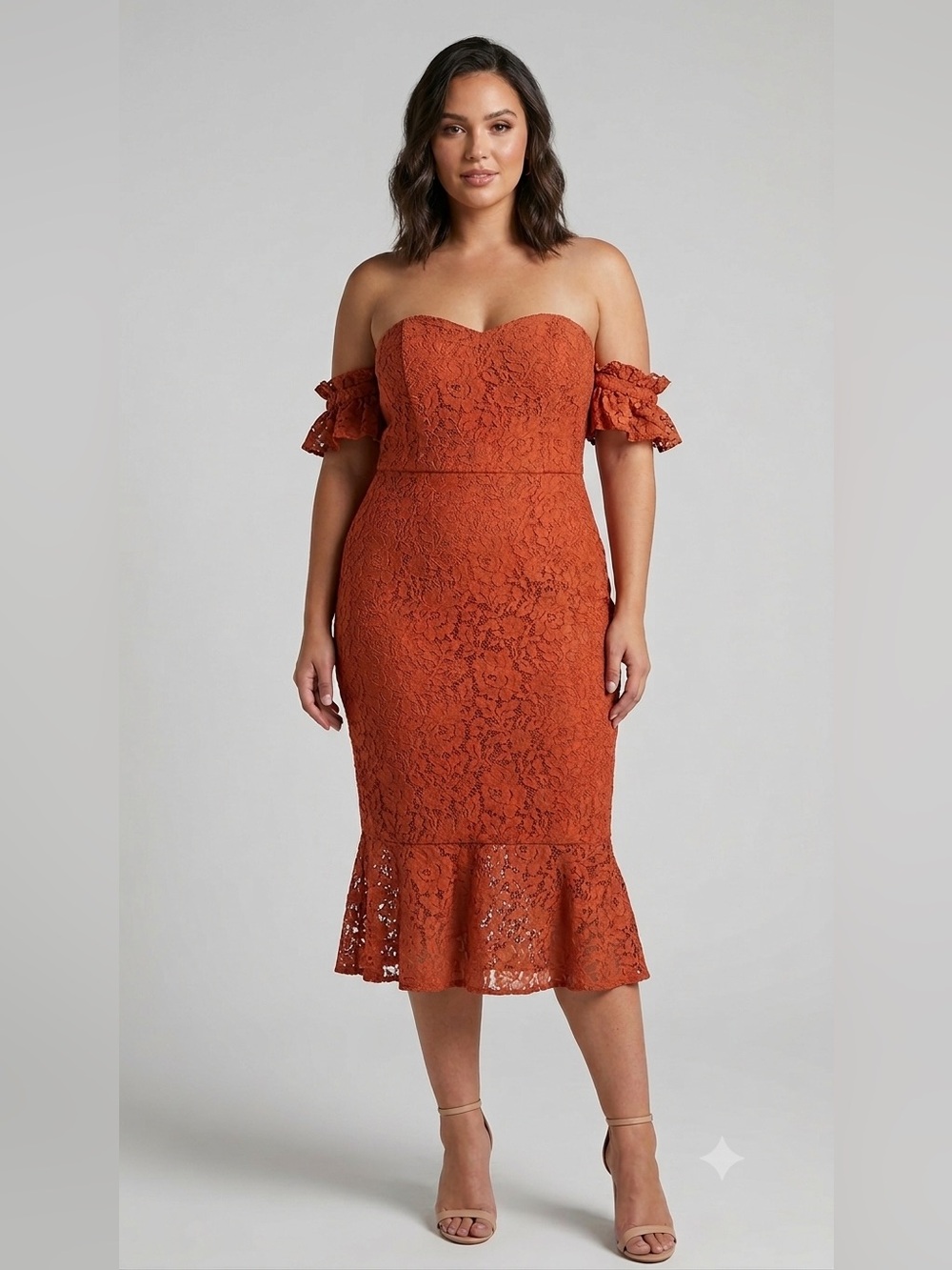 Off-Shoulder Lace Midi Dress in Burnt Orange
